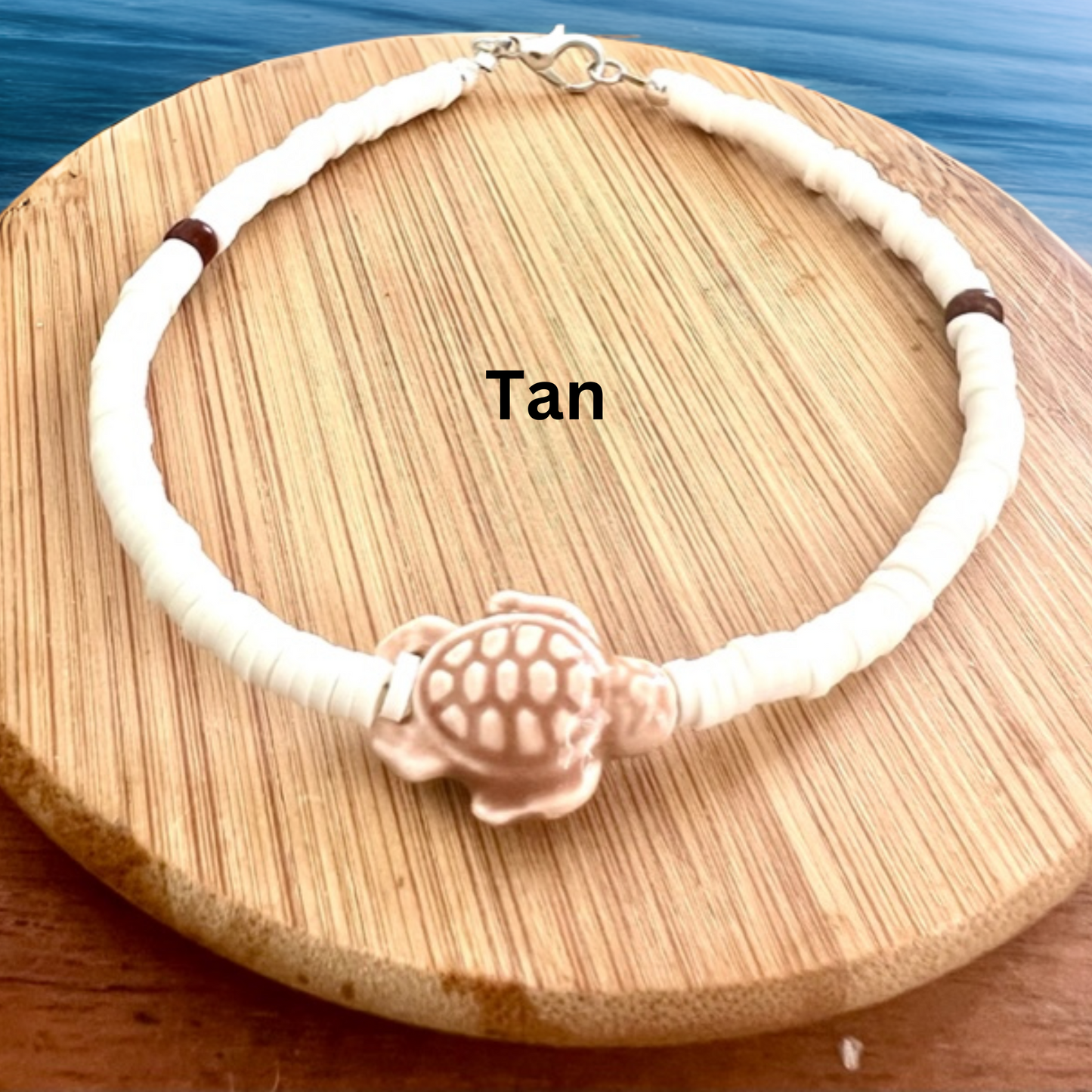 White Beaded Anklet with Ceramic Sea Turtle Charm