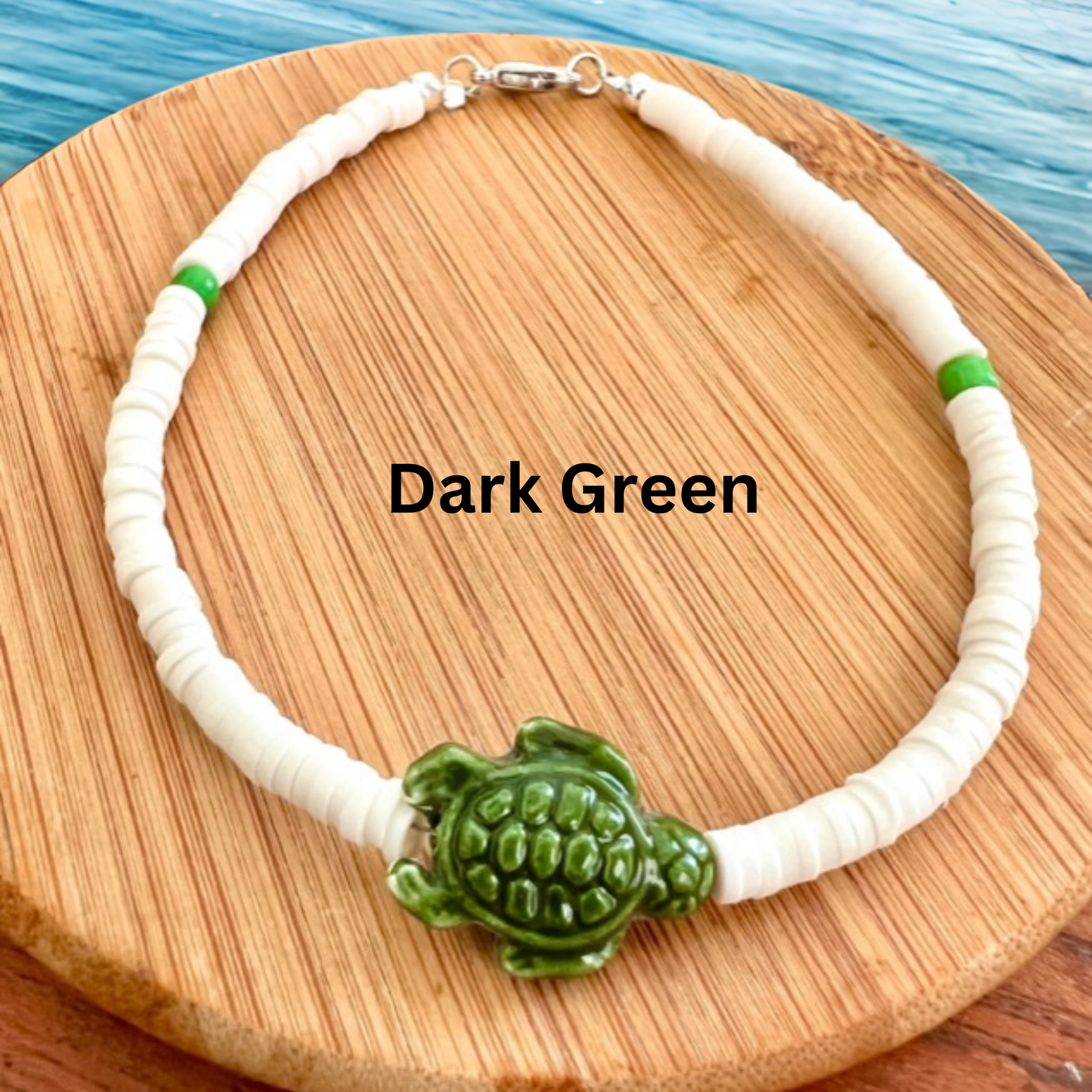 White Beaded Anklet with Ceramic Sea Turtle Charm