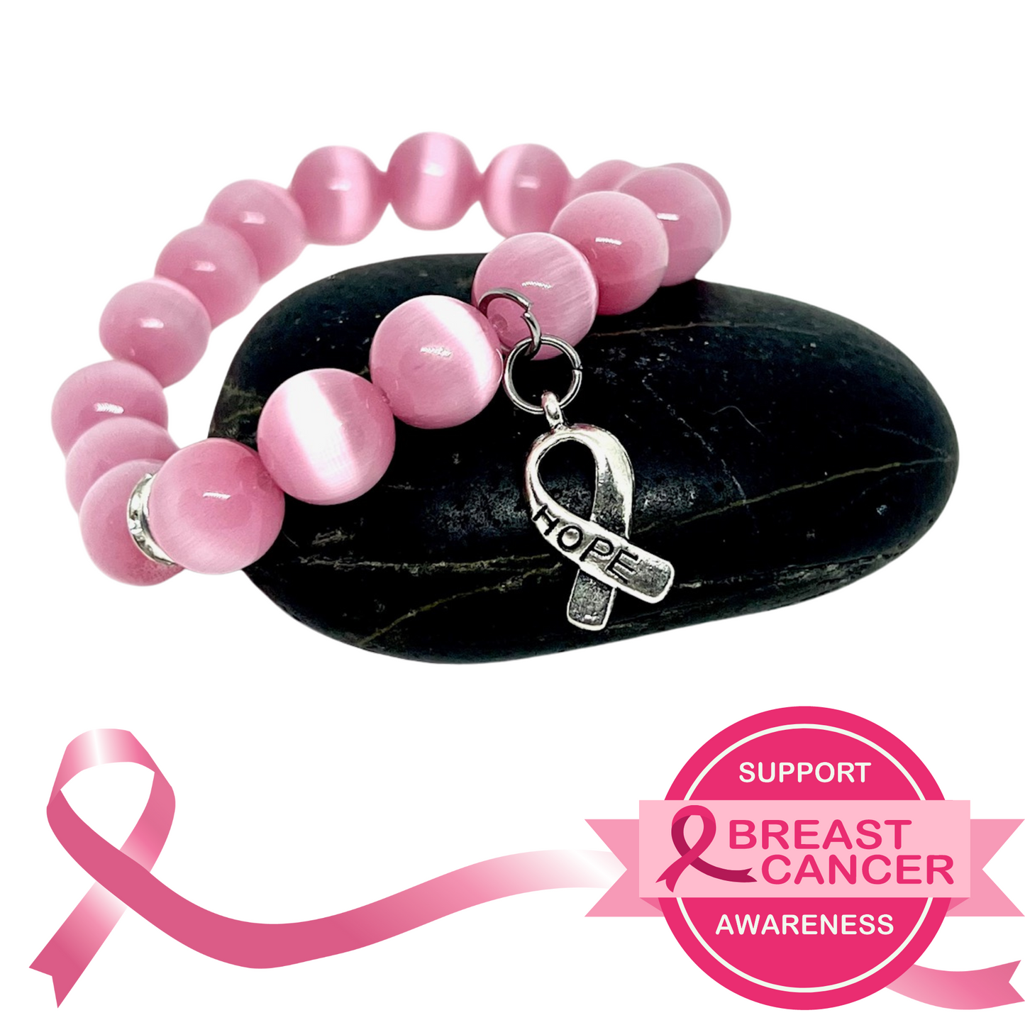 Pink Breast Cancer Awareness Beaded Stretch Bracelets