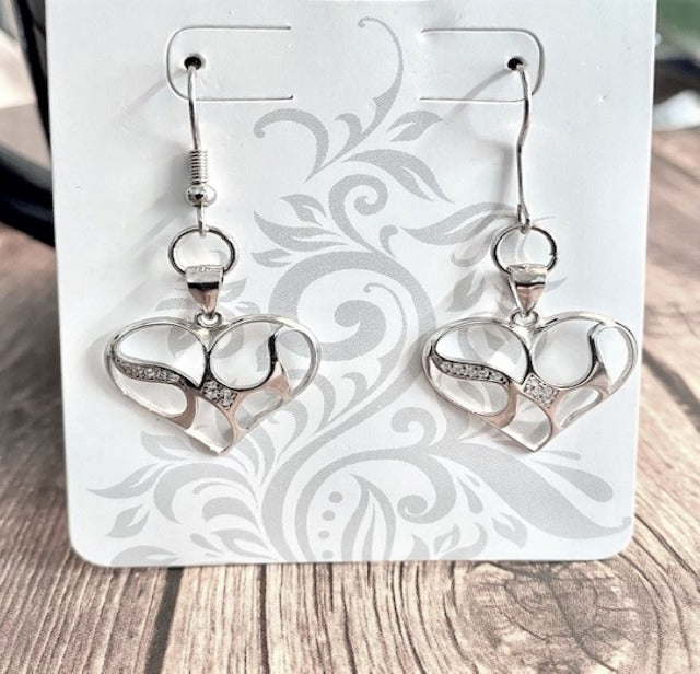 Sterling Silver and Cubic Zirconia Wide Heart Earrings