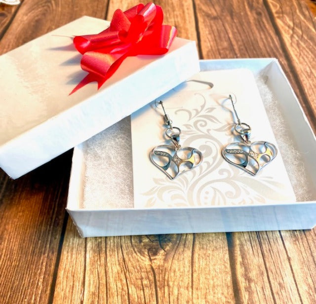 Sterling Silver and Cubic Zirconia Wide Heart Earrings