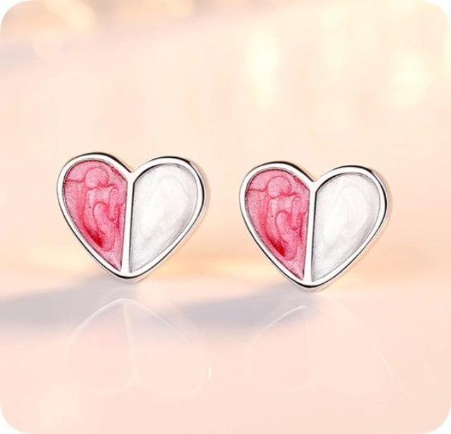 Sterling Silver Small Pink Enamel Heart Stud Earrings