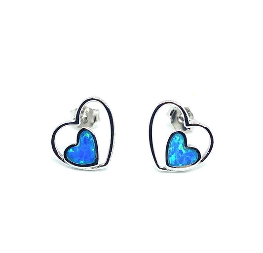 Sterling Silver Earrings With Lab Opal - Double Hearts