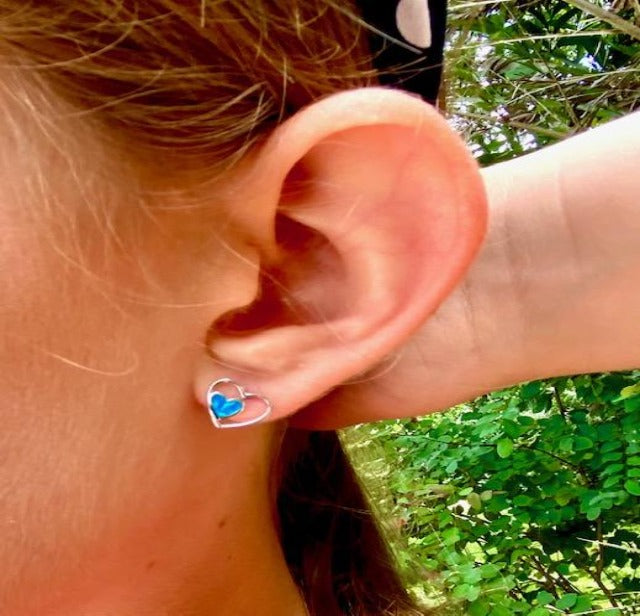 Sterling Silver Earrings With Lab Opal - Double Hearts