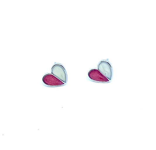 Sterling Silver Small Pink Enamel Heart Stud Earrings