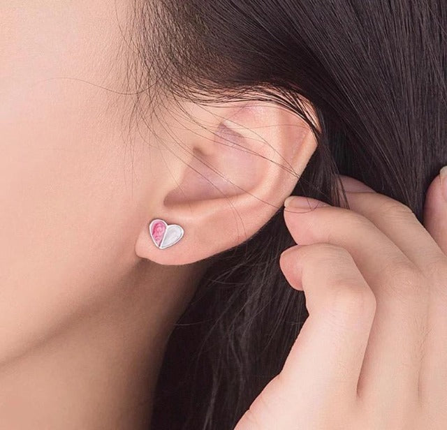 Sterling Silver Small Pink Enamel Heart Stud Earrings