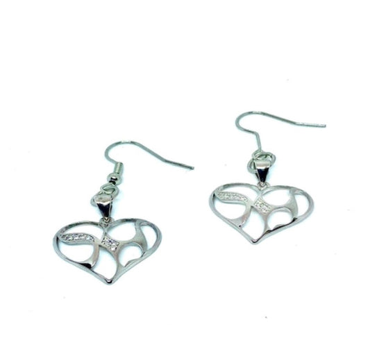 Sterling Silver and Cubic Zirconia Wide Heart Earrings
