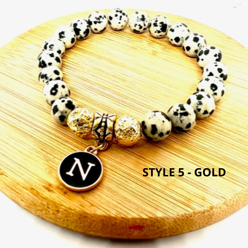 Natural Lava Bead and Dalmation Jasper Beaded Initial Charm Bracelet