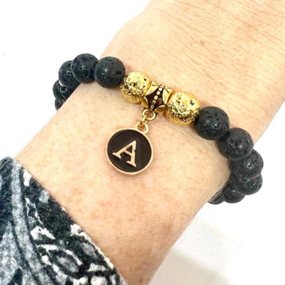 Natural Lava Bead and Dalmation Jasper Beaded Initial Charm Bracelet