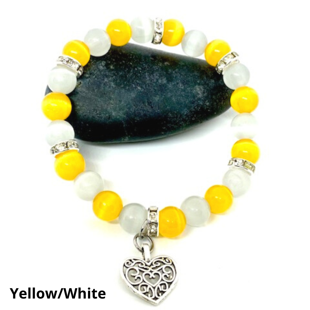 Colorful Cats-Eye Beaded Stretch Bracelet With Heart Charm