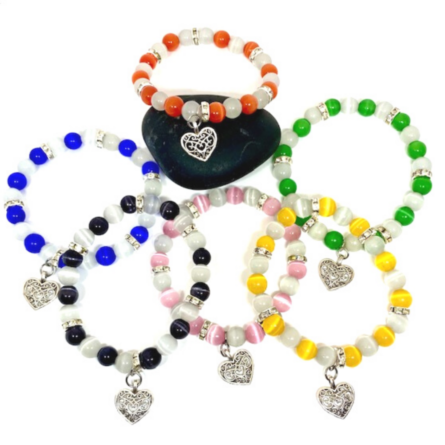 Colorful Cats-Eye Beaded Stretch Bracelet With Heart Charm