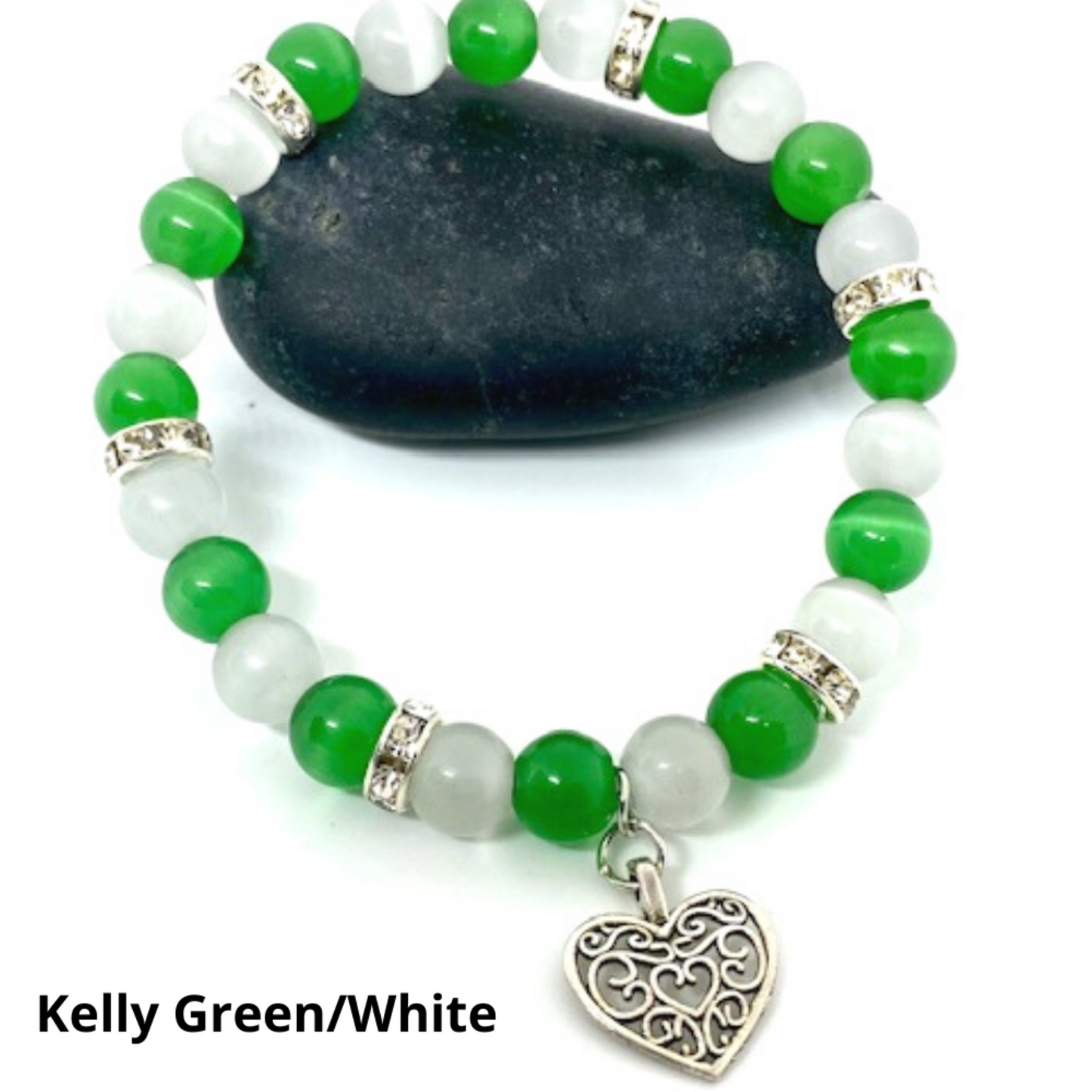 Colorful Cats-Eye Beaded Stretch Bracelet With Heart Charm