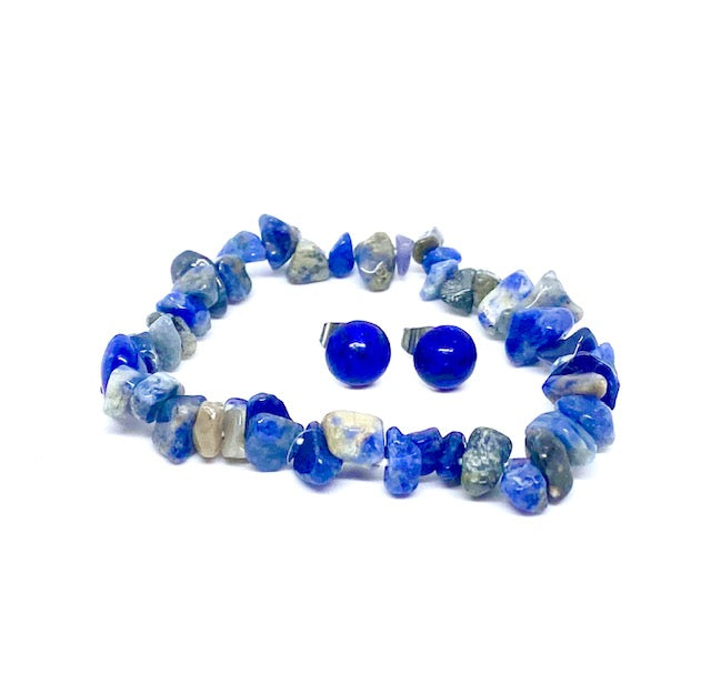 Natural Gemstone Stud Earrings and Stretch Bracelet Sets