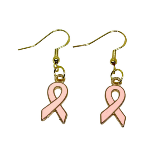 Hypoallergenic Pink Ribbon Dangle Hook Earrings - Breast Cancer Awareness Month Earrings - Awareness and Support Jewelry
