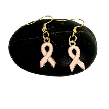Hypoallergenic Pink Ribbon Dangle Hook Earrings - Breast Cancer Awareness Month Earrings - Awareness and Support Jewelry