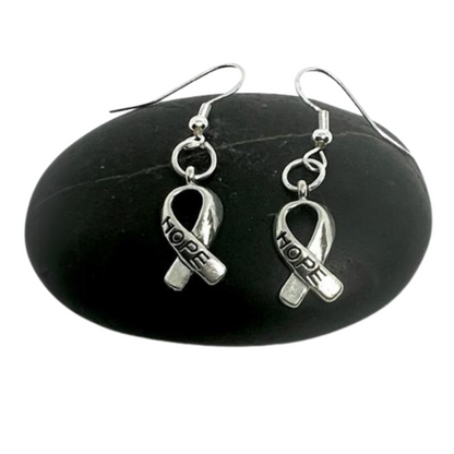 Hypoallergenic Pink Ribbon Dangle Hook Earrings - Breast Cancer Awareness Month Earrings - Awareness and Support Jewelry