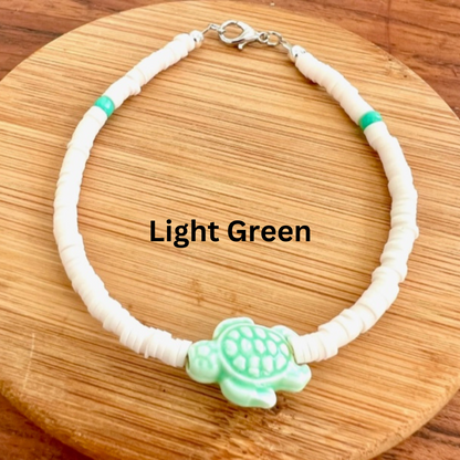 White Beaded Anklet with Ceramic Sea Turtle Charm