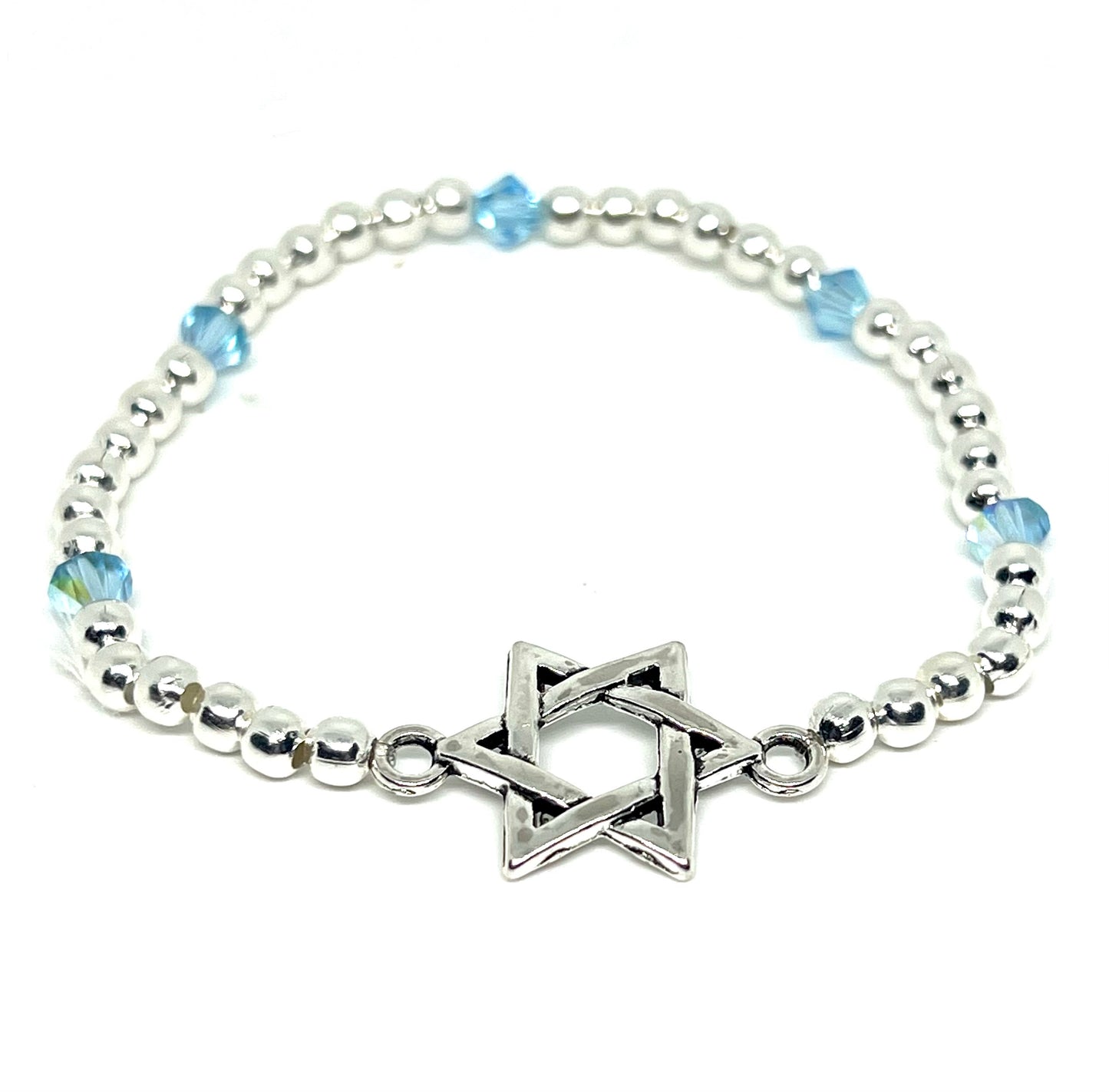 Star of David Silver Beaded Stretch Bracelet with Swarovski Accent Beads