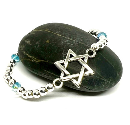 Star of David Silver Beaded Stretch Bracelet with Swarovski Accent Beads