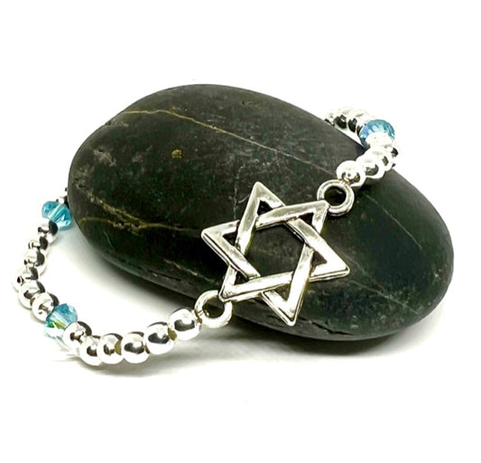 Star of David Silver Beaded Stretch Bracelet with Swarovski Accent Beads