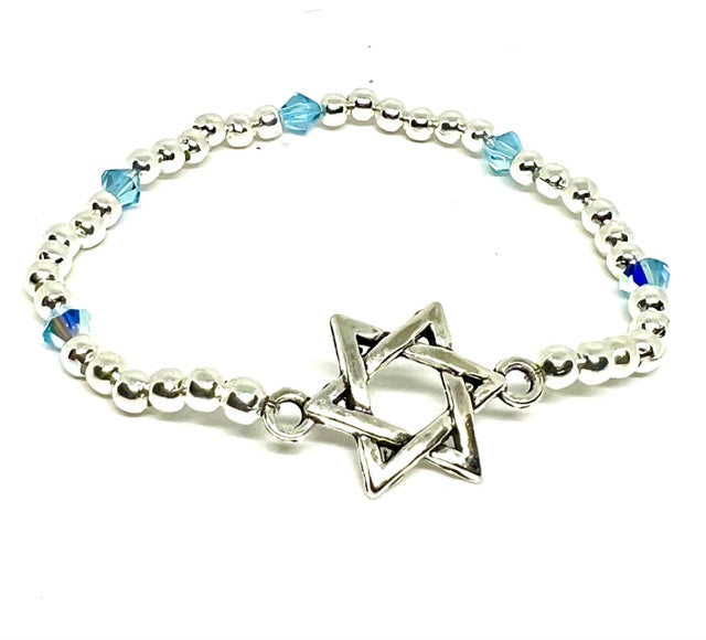 Star of David Silver Beaded Stretch Bracelet with Swarovski Accent Beads