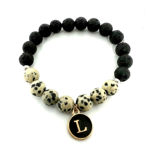Natural Lava Bead and Dalmation Jasper Beaded Initial Charm Bracelet