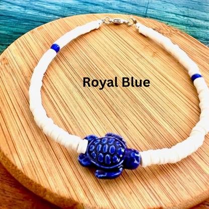 White Beaded Anklet with Ceramic Sea Turtle Charm