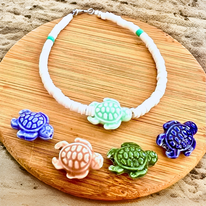 White Beaded Anklet with Ceramic Sea Turtle Charm