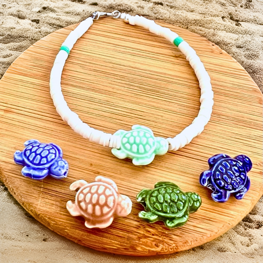 White Beaded Anklet with Ceramic Sea Turtle Charm