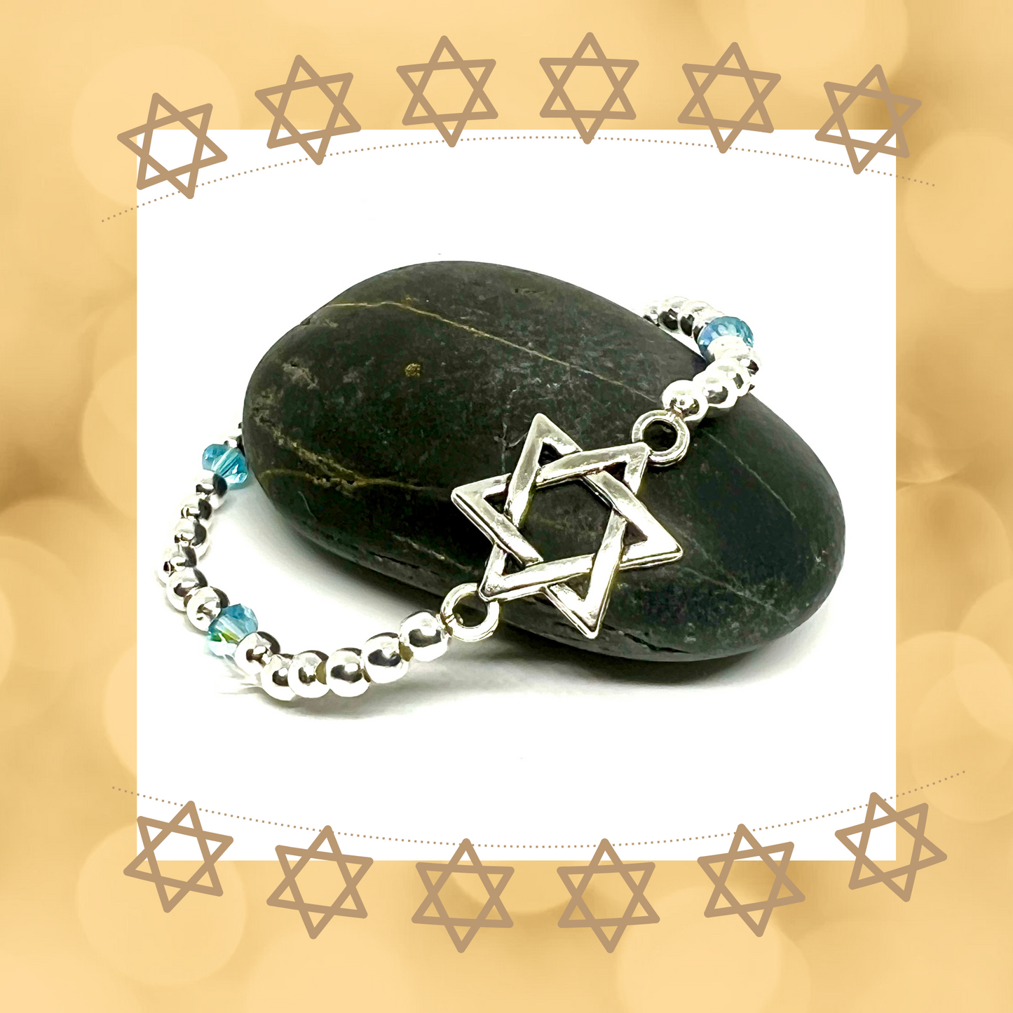 Star of David Silver Beaded Stretch Bracelet with Swarovski Accent Beads