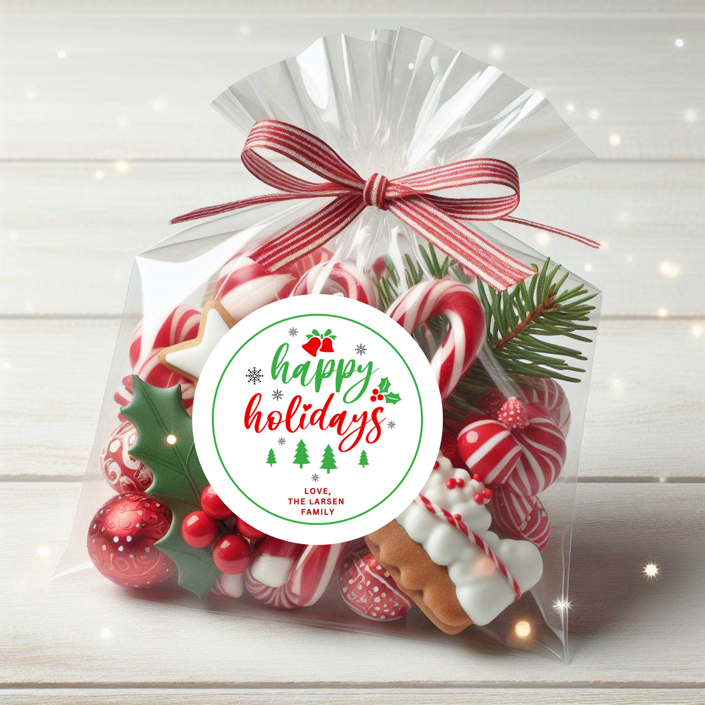 Custom Christmas and Holiday Stickers WITH BAGS, Personalized School Christmas Treat Bag Stickers, class treats, set of 12, 24 or 36