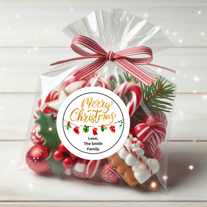 Custom Christmas and Holiday Stickers WITH BAGS, Personalized School Christmas Treat Bag Stickers, class treats, set of 12, 24 or 36