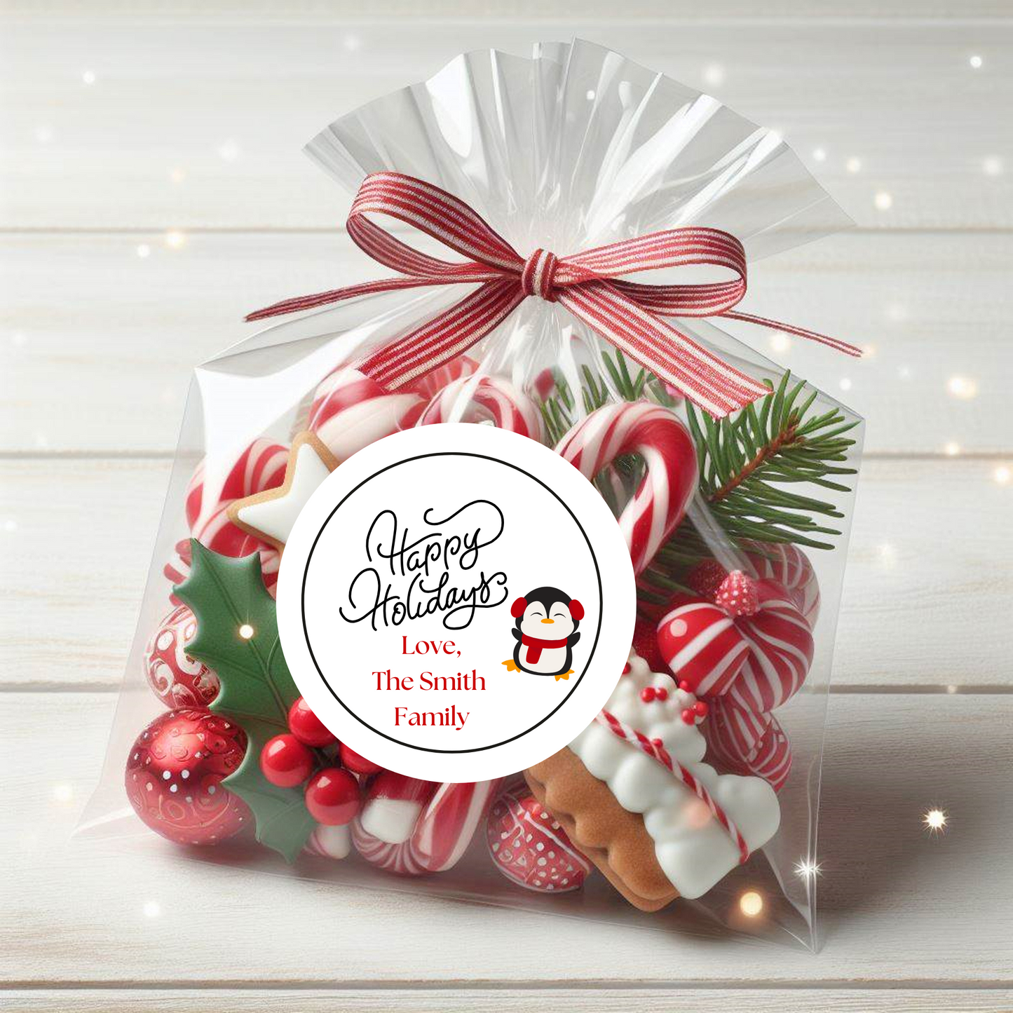 Custom Christmas and Holiday Stickers WITH BAGS, Personalized School Christmas Treat Bag Stickers, class treats, set of 12, 24 or 36