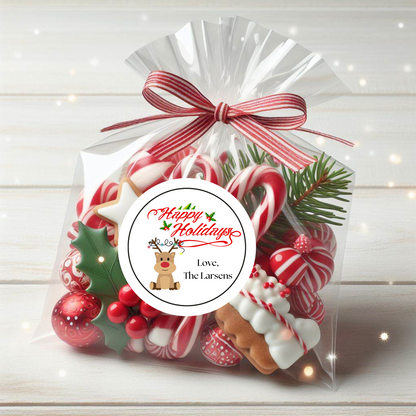 Custom Christmas and Holiday Stickers WITH BAGS, Personalized School Christmas Treat Bag Stickers, class treats, set of 12, 24 or 36