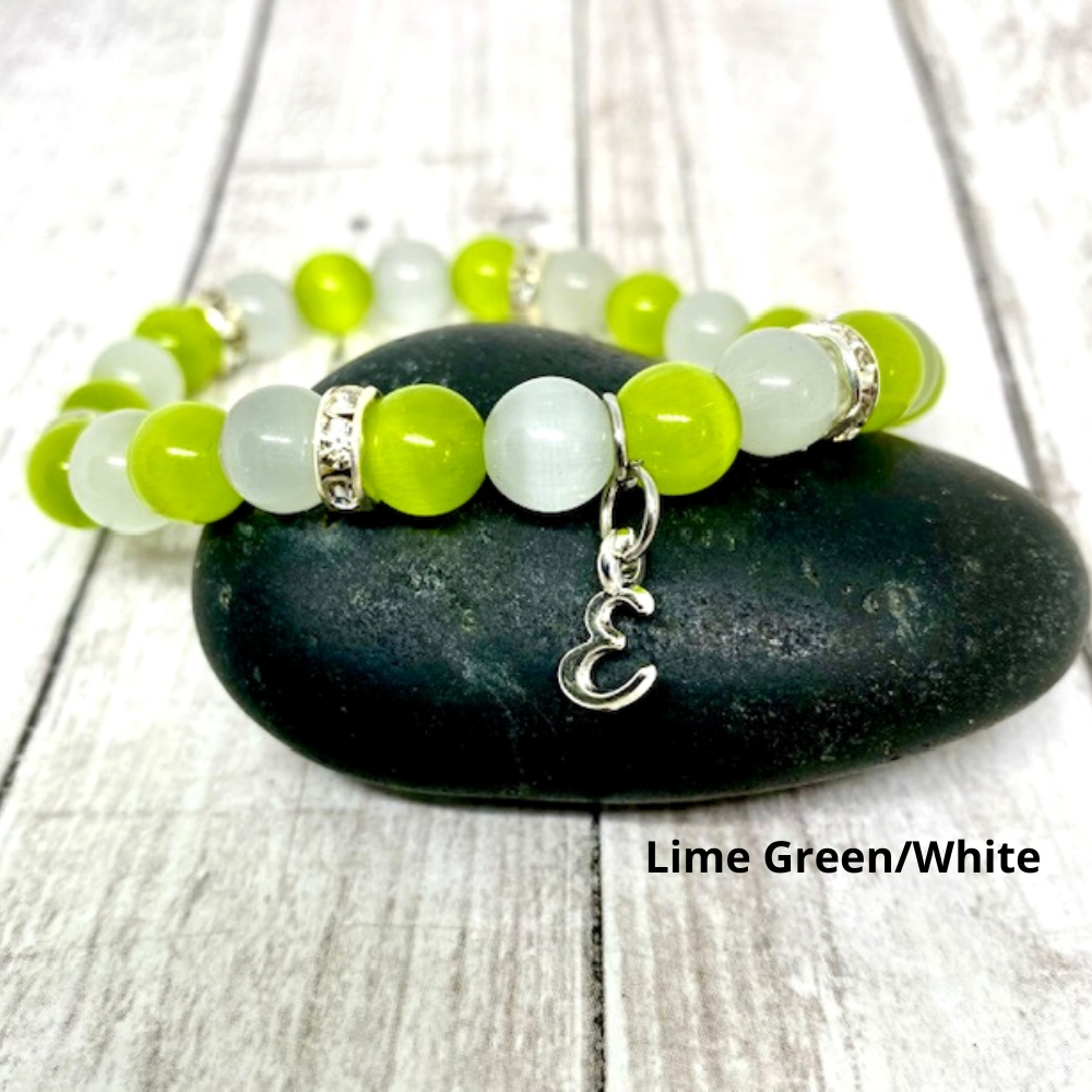 Custom Initial Cats Eye Beaded Stretch Bracelet