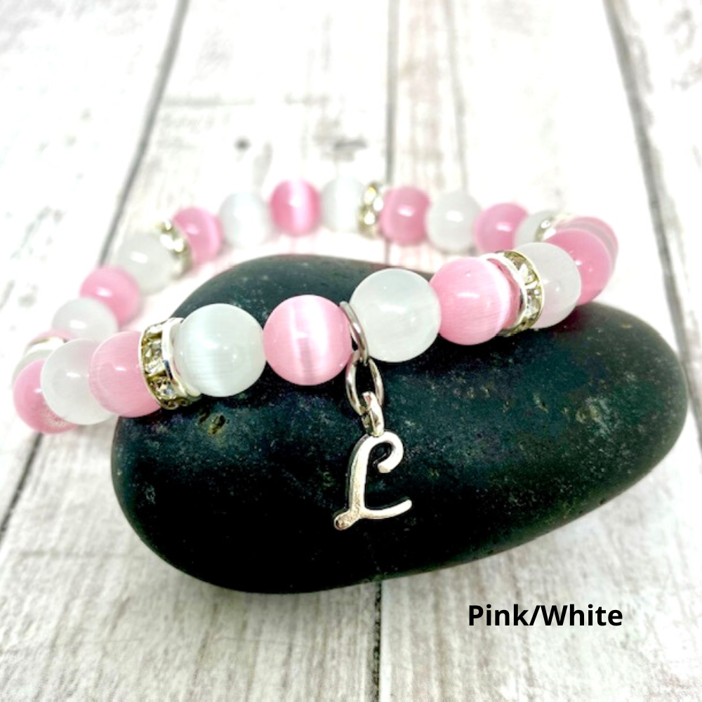 Custom Initial Cats Eye Beaded Stretch Bracelet