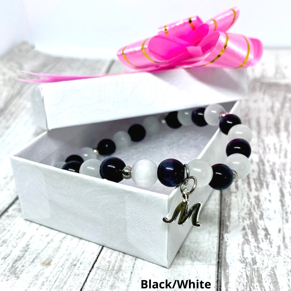 Custom Initial Cats Eye Beaded Stretch Bracelet