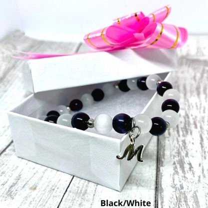 Custom Initial Cats Eye Beaded Stretch Bracelet