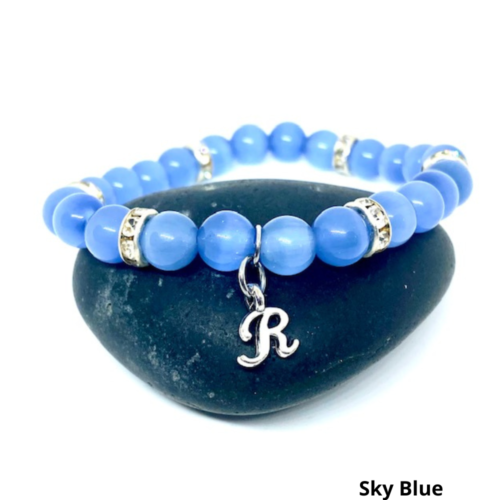 Custom Initial Cats Eye Beaded Stretch Bracelet