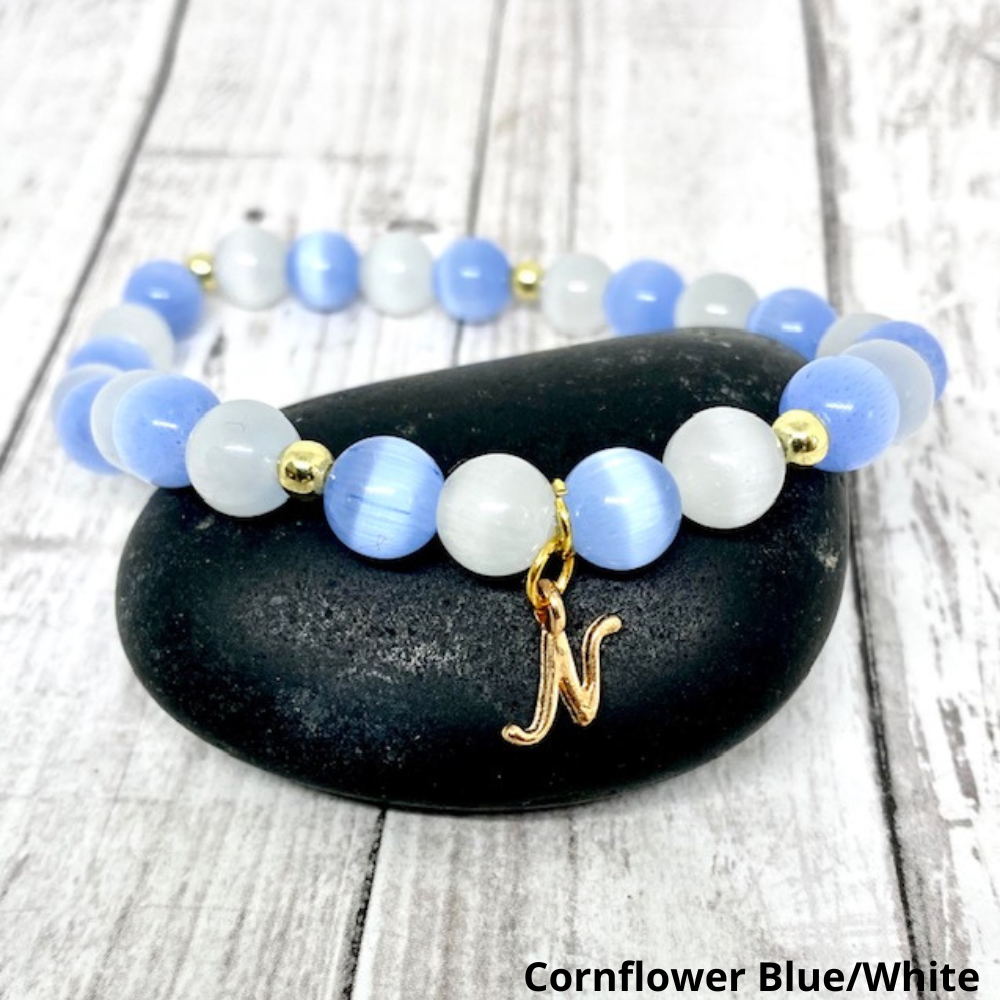 Custom Initial Cats Eye Beaded Stretch Bracelet