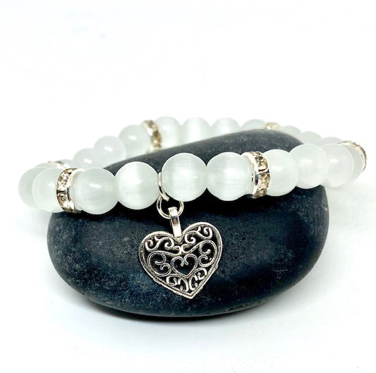 Colorful Cats-Eye Beaded Stretch Bracelet With Heart Charm