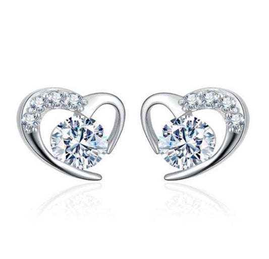 Sterling Silver and Cubic Zirconia Heart Stud Earrings