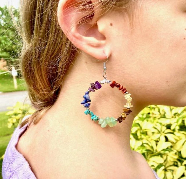Healing Reiki Asymmetric Gemstone Chip Dangling Hoop Earrings