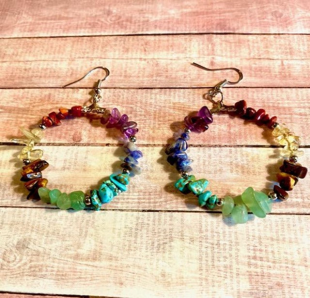 Healing Reiki Asymmetric Gemstone Chip Dangling Hoop Earrings