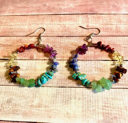 Healing Reiki Asymmetric Gemstone Chip Dangling Hoop Earrings
