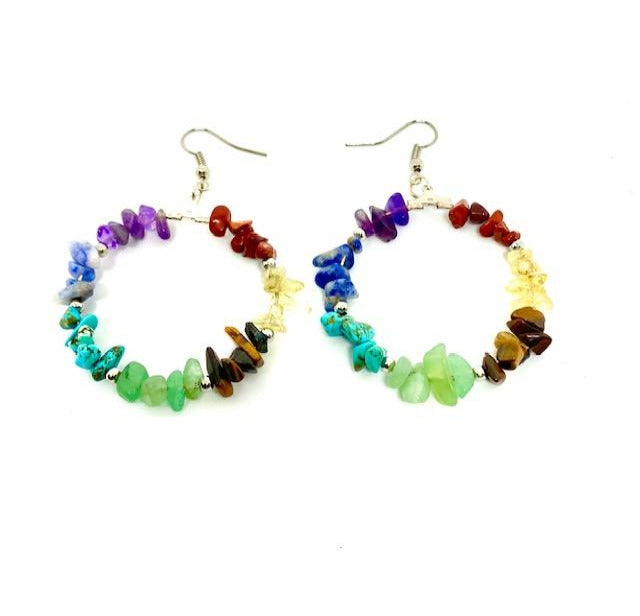 Healing Reiki Asymmetric Gemstone Chip Dangling Hoop Earrings