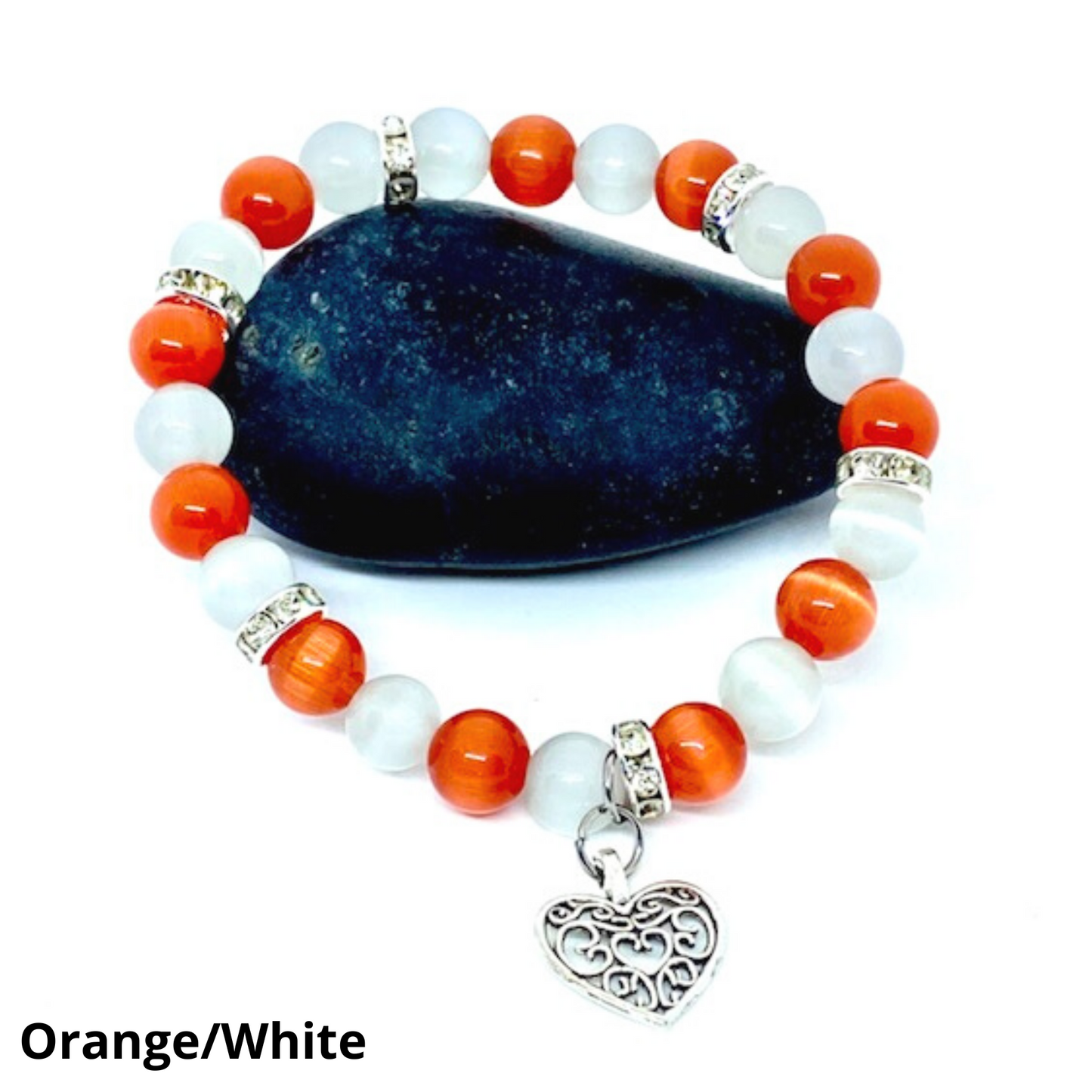 Colorful Cats-Eye Beaded Stretch Bracelet With Heart Charm