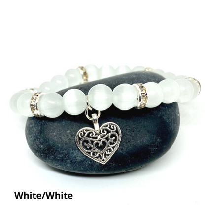 Colorful Cats-Eye Beaded Stretch Bracelet With Heart Charm