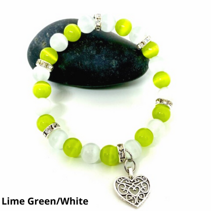 Colorful Cats-Eye Beaded Stretch Bracelet With Heart Charm
