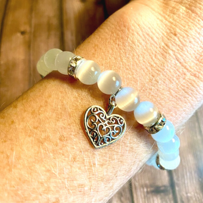 Colorful Cats-Eye Beaded Stretch Bracelet With Heart Charm